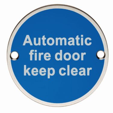 Click Here To Enlarge This Photo Of SEX1022SSS - Carlisle Brass Eurospec 'Automatic Fire Door Keep Clear' Sign 76mm Satin Stainless Steel