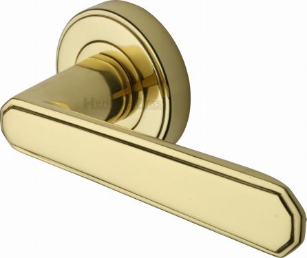 Click Here To Enlarge This Photo Of CEN1924-PB Heritage Brass Door Handle Lever Latch on Round Rose Century Design Polished Brass Finish