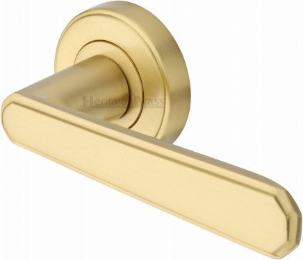 Click Here To Enlarge This Photo Of CEN1924-SB Heritage Brass Door Handle Lever Latch on Round Rose Century Design Satin Brass Finish