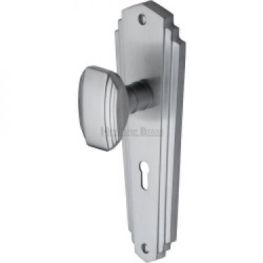 Click Here To Enlarge This Photo Of CHA1900-SC Heritage Brass Mortice Knob on Lock Plate Charlston Design Satin Chrome Finish