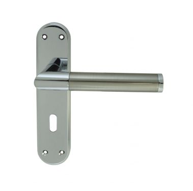 Click Here To Enlarge This Photo Of SZM044CPSN - Carlisle Brass Serozzetta 'Scope' Lever Lock Handles on Backplate Satin Nickel/Polished Chrome