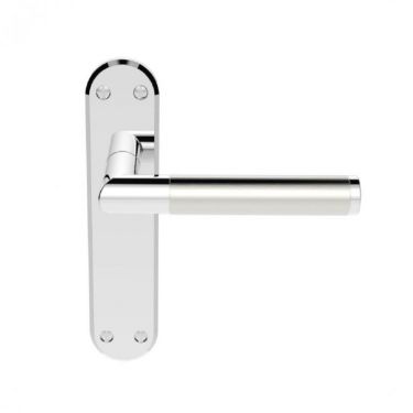 Click Here To Enlarge This Photo Of SZM045CPSN - Carlisle Brass Serozzetta 'Scope' Lever Latch Handles on Backplate Satin Nickel/Polished Chrome