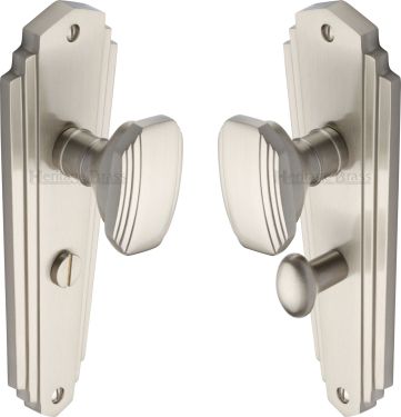 Click Here To Enlarge This Photo Of CHA1930-SN Heritage Brass Mortice Knob on Bathroom Plate Charlston Design Satin Nickel Finish
