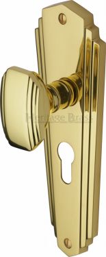 Click Here To Enlarge This Photo Of CHA1948-PB Heritage Brass Mortice Knob on Euro Profile Plate Charlston Design Polished Brass Finish
