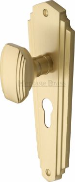 Click Here To Enlarge This Photo Of CHA1948-SB Heritage Brass Mortice Knob on Euro Profile Plate Charlston Design Satin Brass Finish