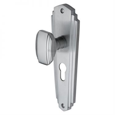 Click Here To Enlarge This Photo Of CHA1948-SC Heritage Brass Mortice Knob on Euro Profile Plate Charlston Design Satin Chrome Finish
