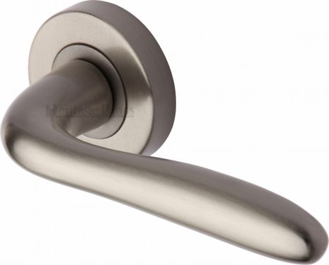 Click Here To Enlarge This Photo Of COL1762-SN Heritage Brass Door Handle Lever Latch on Round Rose Columbus Design Satin Nickel Finish
