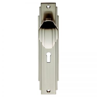 Click Here To Enlarge This Photo Of ADR021SN - Carlisle Brass Art Deco Knob on Lock Backplate Satin Nickel