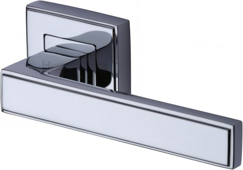Click Here To Enlarge This Photo Of DEC5430-PC Heritage Brass Door Handle Lever Latch on Square Rose Linear Sq Design Polished Chrome Finish