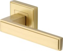 DEC5430-SB Heritage Brass Door Handle Lever Latch on Square Rose Linear Sq Design Satin Brass Finish