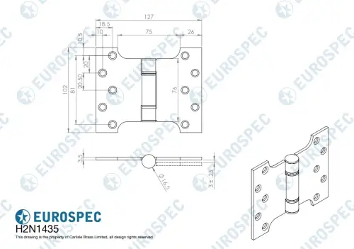 Click Here To Enlarge This Photo Of H2N1435PVD - Carlisle Brass Eurospec 102mm x 127mm x 3mm Parliament Hinges c/w Screws PVD Stainless Brass