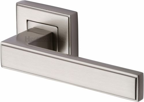 Click Here To Enlarge This Photo Of DEC5430-SN Heritage Brass Door Handle Lever Latch on Square Rose Linear Sq Design Satin Nickel Finish