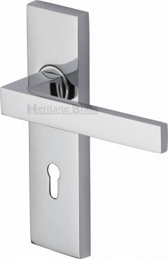 Click Here To Enlarge This Photo Of DEL6000-PC Heritage Brass Door Handle Lever Lock Delta Design Polished Chrome Finish