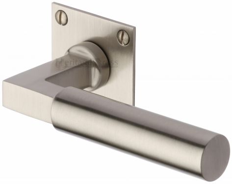 Click Here To Enlarge This Photo Of BAU1926-SN Heritage Brass Door Handle Lever Latch on Square Rose Bauhaus Design Satin Nickel Finish