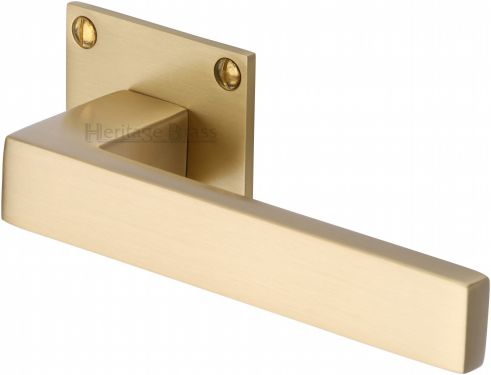 Click Here To Enlarge This Photo Of BAU1928-SB Heritage Brass Door Handle Lever Latch on Square Rose Delta Bh Design Satin Brass Finish