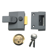 9089 - YALE 84 Non-Deadlocking Nightlatch 40mm Dull Metal Grey c/w Polished Brass cylinder