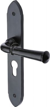 Click Here To Enlarge This Photo Of FB4748 M.Marcus Black Iron Rustic Door Handle Euro Profile Plate Hadley Design