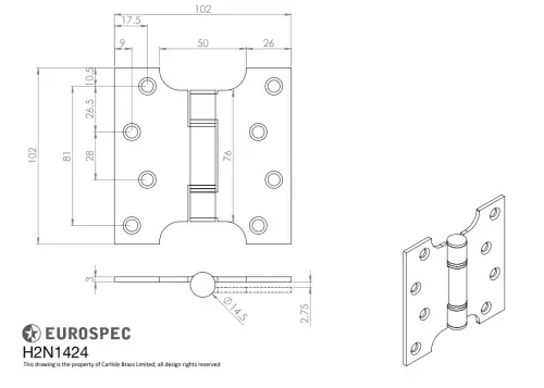 Click Here To Enlarge This Photo Of H2N1424PVD - Carlisle Brass Eurospec 102mm x 102mm x 3mm Parliament Hinges c/w Screws PVD Stainless Brass