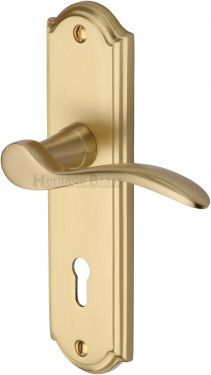 Click Here To Enlarge This Photo Of HOW1300-SB Heritage Brass Door Handle Lever Lock Howard Design Satin Brass Finish