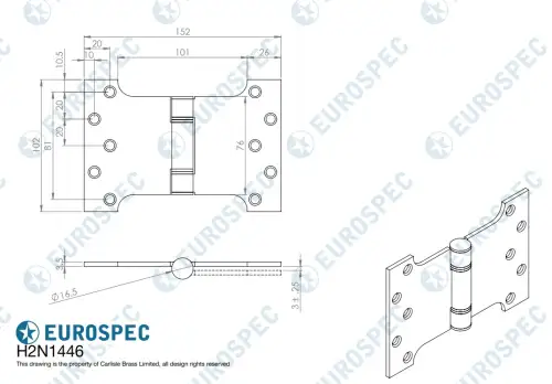 Click Here To Enlarge This Photo Of H2N1446PVD - Carlisle Brass Eurospec 102mm x 152 x 3.5mm Parliament Hinges c/w Screws PVD Stainless Brass