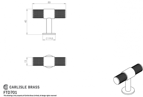 Click Here To Enlarge This Photo Of FTD701CP - Carlisle Brass Fingertip Design Knurled T-Bar Knob 50mm Polished Chrome