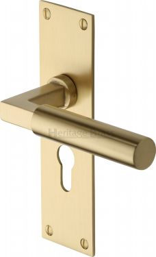 Click Here To Enlarge This Photo Of BAU7348-SB Heritage Brass Door Handle For Euro Profile Plate Bauhaus Design Satin Brass Finish