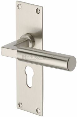 Click Here To Enlarge This Photo Of BAU7348-SN Heritage Brass Door Handle For Euro Profile Plate Bauhaus Design Satin Nickel Finish