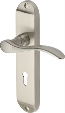 Click Here To Enlarge This Photo Of MAY7600-SN Heritage Brass Door Handle Lever Lock Maya Design Satin Nickel Finish