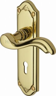 Click Here To Enlarge This Photo Of MM991-PB Heritage Brass Door Handle Lever Lock Lisboa Design Polished Brass Finish
