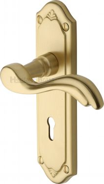 Click Here To Enlarge This Photo Of MM991-SB Heritage Brass Door Handle Lever Lock Lisboa Design Satin Brass Finish