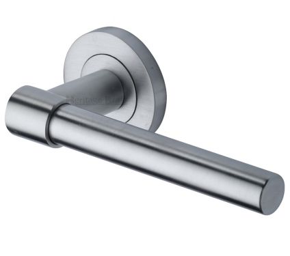 Click Here To Enlarge This Photo Of RS2017-SC Heritage Brass Door Handle Lever on Rose Phoenix Design Satin Chrome Finish