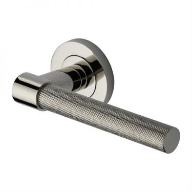Click Here To Enlarge This Photo Of RS2018-PNF Heritage Brass Door Handle Lever on Rose Phoenix Knurled Design Polished Nickel Finish