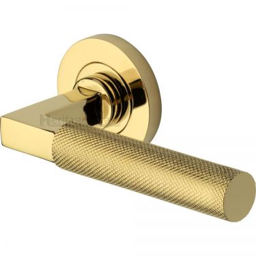 Click Here To Enlarge This Photo Of RS2260-PB Heritage Brass Door Handle Lever on Rose Signac (Knurled Bauhaus) Design Polished Brass Finish