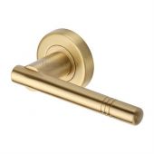 V2100-SB Heritage Brass Door Handle Lever Latch on Round Rose Alicia Design Satin Brass Finish