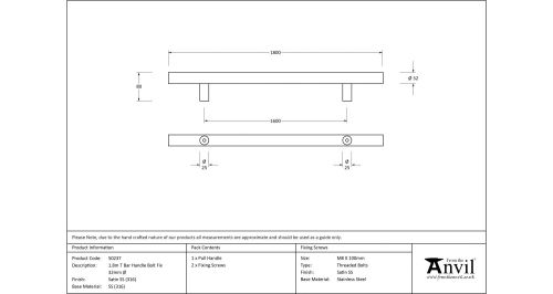 Click Here To Enlarge This Photo Of 50237 From The Anvil Satin SS (316) 1800mm T Bar Handle Bolt Fix 32mm dia.