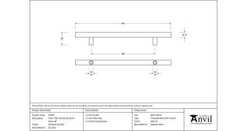 Click Here To Enlarge This Photo Of 50239 From The Anvil Polished SS (316) 600mm T Bar Handle Secret Fix 32mm dia.