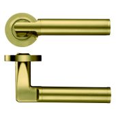ZPZ030-FSB - Zoo Hardware Stanza 'Milan' Lever Handles on Round Screw on Rose - Favo Satin Brass (Designer Range)
