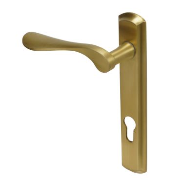 Click Here To Enlarge This Photo Of BLU Performance Regent Door Handle on Backplate, 92mm Centres, RH G316 Stainless Steel, PVD Satin Brass (REG090B-RH-PSB)