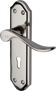 Click Here To Enlarge This Photo Of SAN1400-PNF Heritage Brass Door Handle Lever Lock Sandown Design Polished Nickel Finish