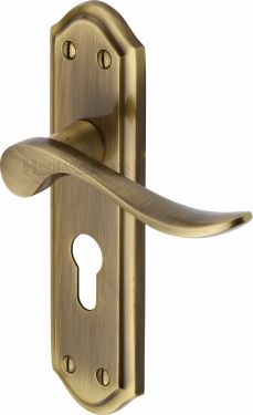 Click Here To Enlarge This Photo Of SAN1448-AT Heritage Brass Door Handle For Euro Profile Plate Sandown Design Antique Brass Finish
