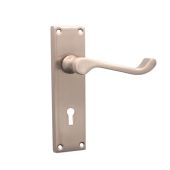 SB1402SN - Spira Brass Victorian Scroll Lock Lever Handles on a Backplate - 150mm - Satin Nickel