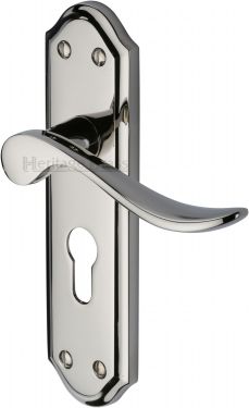 Click Here To Enlarge This Photo Of SAN1448-PNF Heritage Brass Door Handle For Euro Profile Plate Sandown Design Polished Nickel Finish