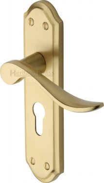 Click Here To Enlarge This Photo Of SAN1448-SB Heritage Brass Door Handle For Euro Profile Plate Sandown Design Satin Brass Finish