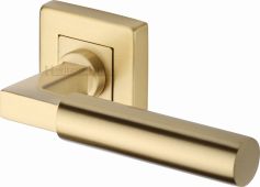 SQ1926-SB Heritage Brass Door Handle Lever on Rose Bauhaus Sq Design Satin Brass Finish