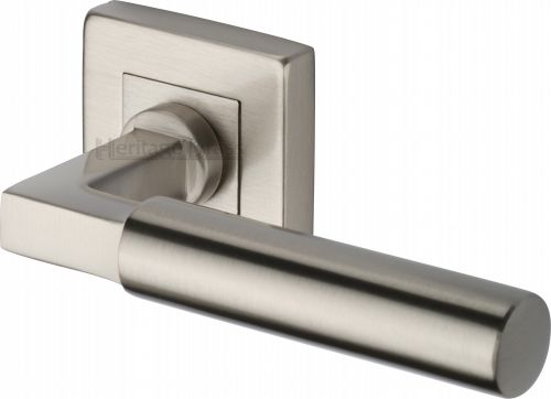 Click Here To Enlarge This Photo Of SQ1926-SN Heritage Brass Door Handle Lever on Rose Bauhaus Sq Design Satin Nickel Finish