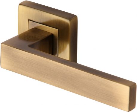 Click Here To Enlarge This Photo Of SQ5420-AT Heritage Brass Door Handle Lever Latch on Square Rose Delta Sq Design Antique Brass Finish