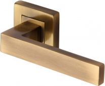 SQ5420-AT Heritage Brass Door Handle Lever Latch on Square Rose Delta Sq Design Antique Brass Finish
