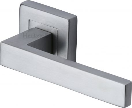 Click Here To Enlarge This Photo Of SQ5420-SC Heritage Brass Door Handle Lever Latch on Square Rose Delta Sq Design Satin Chrome Finish