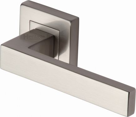 Click Here To Enlarge This Photo Of SQ5420-SN Heritage Brass Door Handle Lever Latch on Square Rose Delta Sq Design Satin Nickel Finish