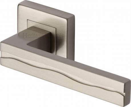 Click Here To Enlarge This Photo Of SQ5440-SN Heritage Brass Door Handle Lever Latch on Square Rose Amazon Sq Design Satin Nickel Finish